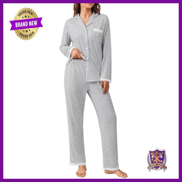 Soft Long Sleeve Pajama Set with Lace Trim Button Down Lounge Wear